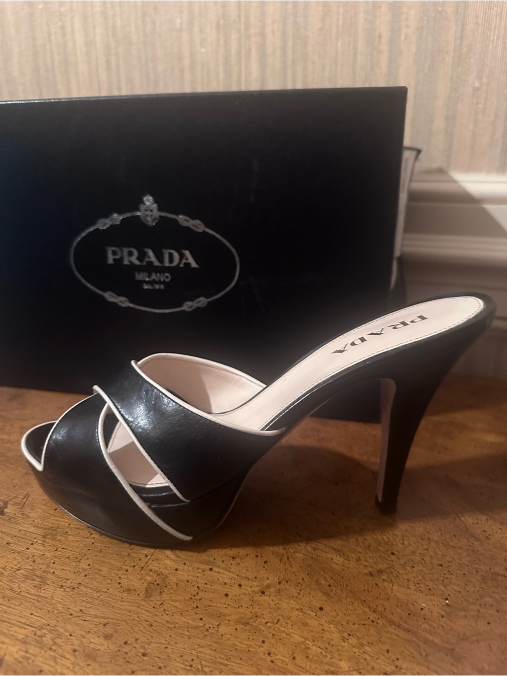 Prada Black and White Leather Open-Toe Mule Heel